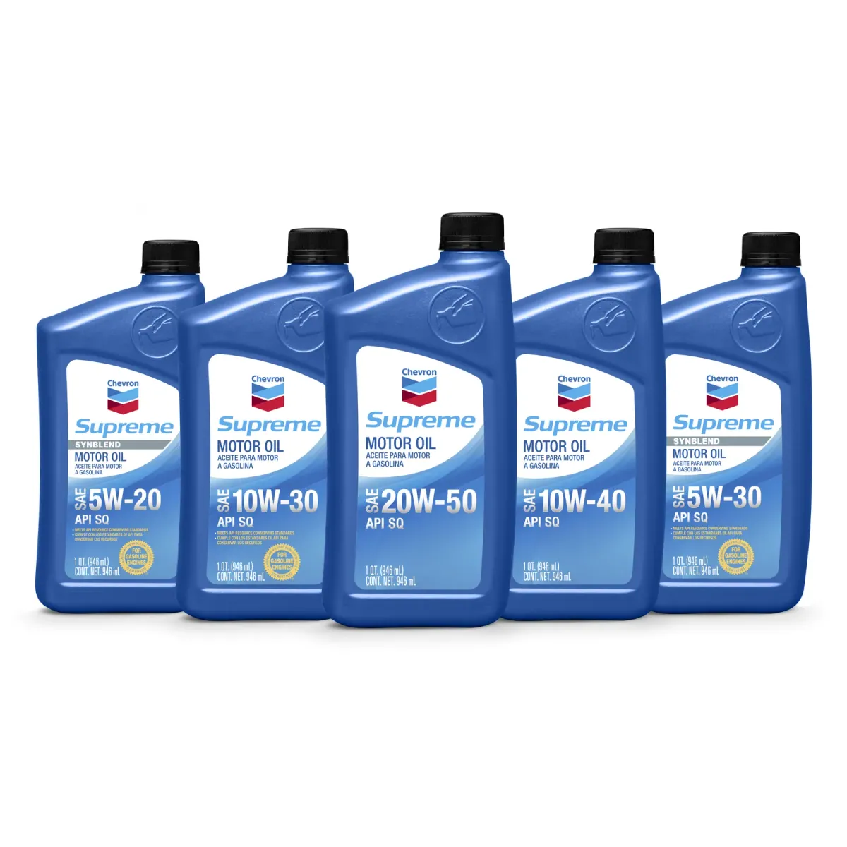 Botellas de aceite de motor Chevron Supreme en distintas viscosidades